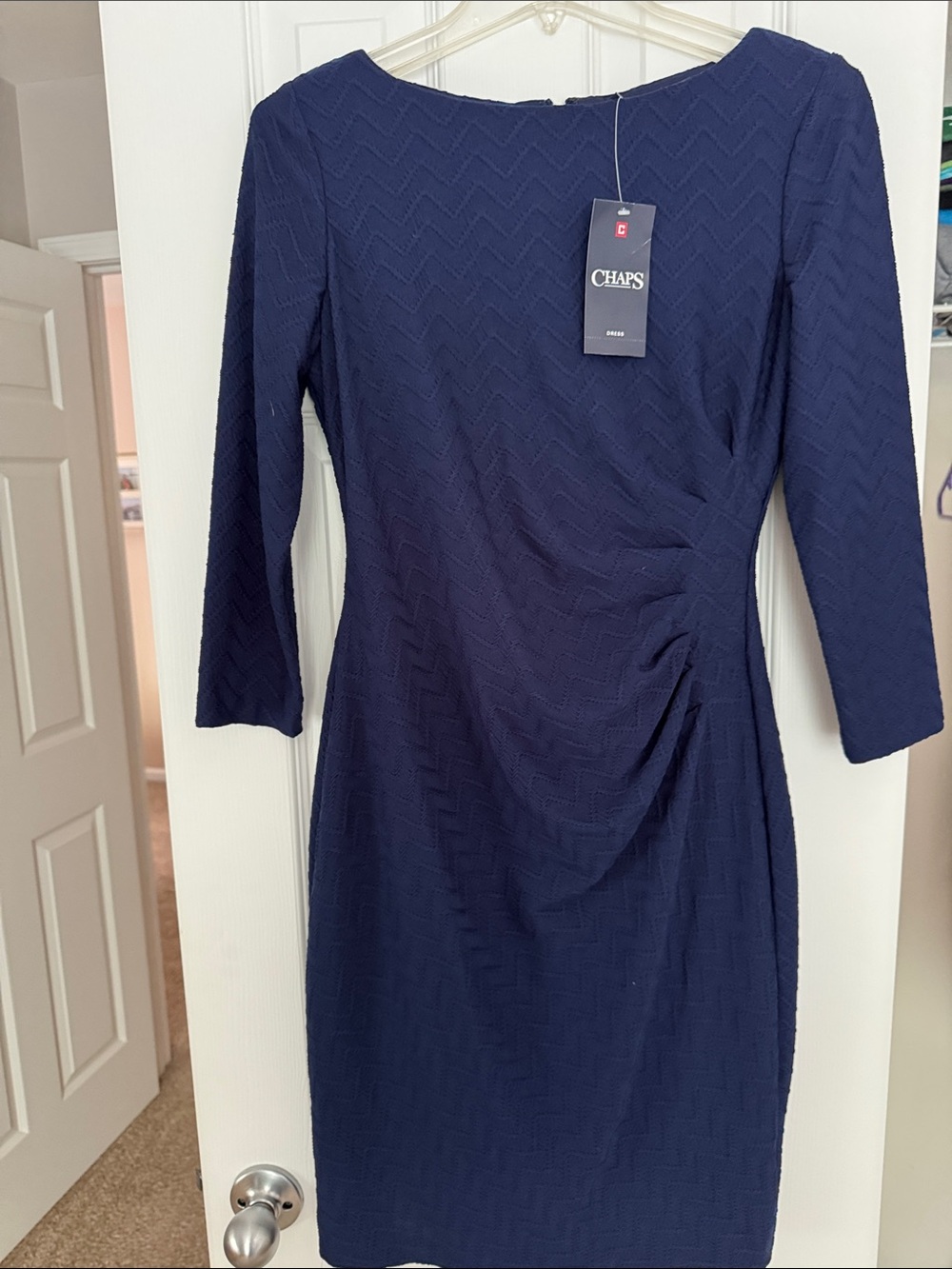 Chaps Navy Blue Ruched Long Sleeve Sheath Dress